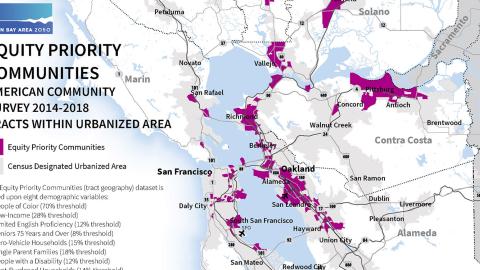 Screen capture of the Equity Priority Communities map in Plan Bay Area 2050.
