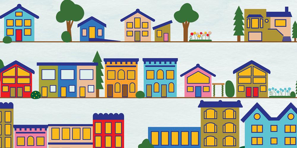 Graphic depicting many homes in a neighborhood.